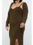 Kadın Moda Şık Büyük Beden Midi Boy Kalp Yaka Fitted Fitilli Yırtmaçlı Triko Elbise&bolero Takım 2