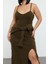 Kadın Moda Şık Büyük Beden Midi Boy Kalp Yaka Fitted Fitilli Yırtmaçlı Triko Elbise&bolero Takım 3