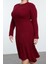 Kadın Moda Şık Büyük Beden Midi Boy Bisiklet Yaka Fitted Bordo Fitilli Triko Elbise 2
