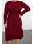 Kadın Moda Şık Büyük Beden Midi Boy Bisiklet Yaka Fitted Bordo Fitilli Triko Elbise 3