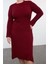Kadın Moda Şık Büyük Beden Midi Boy Bisiklet Yaka Fitted Bordo Fitilli Triko Elbise 4