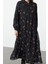 Kadın Moda Şık Tesettür Uzun Dik Yaka Oversize Çıtır Çiçek Desenli Yaka Detaylı Dokuma Elbise 2