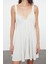 Kadın Moda Şık Midi Boy V Yaka Regular Ekru Dokuma Cut Out Pencere Plaj Elbisesi 4
