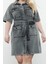 Kadın Moda Şık Büyük Beden Mini Boy Gömlek Yaka Denim Koyu Mavi Kuşak Detaylı Gömlek Elbise 2