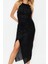 Kadın Moda Midi Boy Halter Yaka Fitted Vücuda Oturan Örme Parıltılı Pullu Örme Payet Abiye Elbise 4