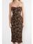 Kadın Moda Midi Boy Straplez Fitted Vücuda Oturan Leopar Desenli Drapeli Örme Tül Abiye Elbise 1