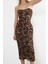 Kadın Moda Midi Boy Straplez Fitted Vücuda Oturan Leopar Desenli Drapeli Örme Tül Abiye Elbise 3
