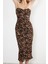 Kadın Moda Midi Boy Straplez Fitted Vücuda Oturan Leopar Desenli Drapeli Örme Tül Abiye Elbise 4