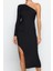 Kadın Moda Şık Midi Boy Asimetrik Yaka Fitted Vücuda Oturan Örme Şık Abiye Elbise 2