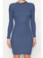 Kadın Moda Mini Boy Dik Yaka Slim Indigo Vücuda Oturan Yarım Balıkçı Yaka Fitilli Esnek Örme Elbise 1