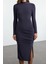 Kadın Moda Midi Boy Dik Yaka Slim Düz Drape Detaylı Yırtmaçlı Fitted Vücuda Oturan Esnek Örme Elbise 1