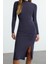 Kadın Moda Midi Boy Dik Yaka Slim Düz Drape Detaylı Yırtmaçlı Fitted Vücuda Oturan Esnek Örme Elbise 2