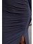 Kadın Moda Midi Boy Dik Yaka Slim Düz Drape Detaylı Yırtmaçlı Fitted Vücuda Oturan Esnek Örme Elbise 3