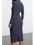 Kadın Moda Midi Boy Dik Yaka Slim Düz Drape Detaylı Yırtmaçlı Fitted Vücuda Oturan Esnek Örme Elbise 4