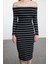 Kadın Moda Midi Boy Carmen Yaka Slim SIYAH001 Çizgili Fitted Vücuda Oturan Fitilli Esnek Örme Elbise 1