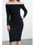 Kadın Moda Şık Midi Boy Carmen Yaka Slim Fitted Vücuda Oturan Fitilli Esnek Örme Elbise 3