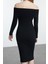 Kadın Moda Şık Midi Boy Carmen Yaka Slim Fitted Vücuda Oturan Fitilli Esnek Örme Elbise 5