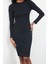 Kadın Moda Şık Midi Boy Dik Yaka Slim Fitted Vücuda Oturan Uzun Kollu Fitilli Esnek Örme Elbise 3