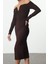 Kadın Moda Şık Midi Boy Carmen Yaka Fitted Vücuda Oturan Örme Elbise 3