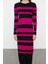 Kadın Moda Şık Tesettür Maxi Boy Bisiklet Yaka Fitted Fuşya Renk Bloklu Fitilli Örgü Triko Elbise 1