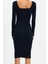 Kadın Moda Şık Midi Boy Kare Yaka Slim Vücuda Oturan Uzun Kollu Fitilli Esnek Örme Elbise 4