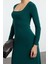 Kadın Moda Şık Maxi Boy Kare Yaka Slim Volanlı Vücuda Oturan Esnek Örme Örme Elbise 3
