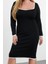 Kadın Moda Şık Büyük Beden Midi Boy Kare Yaka Fitted Vücudu Saran Ince Triko Elbise 2