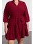 Kadın Moda Büyük Beden Midi Boy V Yaka Fitted Balon Kol Kuşaklı Ponponlu Dokuma Büyük Beden Elbise 4