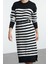 Kadın Moda Şık Midi Boy Bisiklet Yaka Regular Çizgili Triko Yumuşak Dokulu Elbise 2