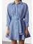Kadın Moda Şık Mini Boy Gömlek Yaka Regular Kuşaklı Çizgili Dokuma Gömlek Elbise 1