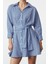 Kadın Moda Şık Mini Boy Gömlek Yaka Regular Kuşaklı Çizgili Dokuma Gömlek Elbise 2
