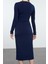 Kadın Midi Boy Kruvaze Slim Büzgü Drape Detaylı Fitted Vücuda Oturan Uzun Kollu Esnek Örme Elbise 5