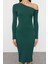 Kadın Moda Şık Midi Boy Asimetrik Yaka Slim Fitted Vücuda Oturan Fitilli Esnek Örme Elbise 1