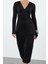 Kadın Moda Şık Midi Boy V Yaka Slim Büzgü Drape Detaylı Vücuda Oturan Örme Elbise 1