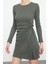 Kadın Moda Şık Mini Boy Bisiklet Yaka Slim Fitted Vücuda Oturan Fitilli Esnek Örme Elbise 3