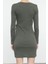 Kadın Moda Şık Mini Boy Bisiklet Yaka Slim Fitted Vücuda Oturan Fitilli Esnek Örme Elbise 5
