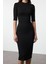 Kadın Moda Şık Midi Boy Dik Yaka Slim Bodycone Vücuda Oturan Truvakar Kol Örme Elbise 1