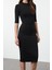 Kadın Moda Şık Midi Boy Dik Yaka Slim Bodycone Vücuda Oturan Truvakar Kol Örme Elbise 2