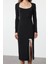 Kadın Moda Şık Maxi Boy Havuz Yaka Slim Renk Bloklu Fiyonk Detaylı Fitted Örme Elbise 1