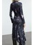 Kadın Moda Şık Midi Boy Dik Yaka Slim Fitted Vücuda Oturan Baskılı Örme Elbise 4