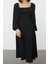 Kadın Moda Midi Boy Kare Yaka Slim Büzgü Drape Detaylı Uzun Kollu Bürümcük Dokulu Kumaş Örme Elbise 2