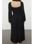 Kadın Moda Midi Boy Kare Yaka Slim Büzgü Drape Detaylı Uzun Kollu Bürümcük Dokulu Kumaş Örme Elbise 4