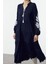 Kadın Moda Şık Midi Boy Dik Yaka Oversize Geniş Kesim Nakışlı Dokuma Elbise 2