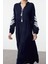 Kadın Moda Şık Midi Boy Dik Yaka Oversize Geniş Kesim Nakışlı Dokuma Elbise 3