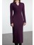 Kadın Moda Şık Midi Boy V Yaka Fitted Düz Polo Yaka Bodycone Vücuda Oturan Örme Elbise 1