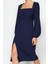 Kadın Moda Şık Midi Boy Kare Yaka Regular Yırtmaçlı Dokuma Elbise 3