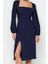 Kadın Moda Şık Midi Boy Kare Yaka Regular Yırtmaçlı Dokuma Elbise 4