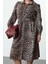 Moda Relaxed Gömlek Yaka Midi Boy Büyük Beden Leopar Desenli Beli Lastikli Gabardin Dokuma Elbise 1