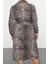 Moda Relaxed Gömlek Yaka Midi Boy Büyük Beden Leopar Desenli Beli Lastikli Gabardin Dokuma Elbise 2