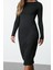 Moda Stil Slim Kayık Yaka Midi Boy Düz Bodycone Vücuda Oturan Polyamid Örme Elbise 1